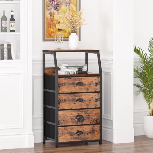 Furnulem Night Stand, Tall 4 Drawers Dresser for Bedroom, Hallway, Nursery, Closet Organizer, Nightstand Bedside Table Furniture, Vertical Storage Tower Fabric, Sturdy Steel Frame, Wood Top