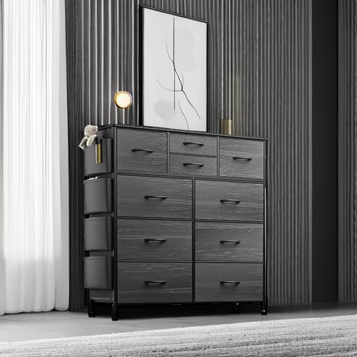 Lulive Dresser for Bedroom with 10 Drawers, Chest of Drawers, Fabric Storage Tower with Side Pockets and Hooks, Organizer Unit for Living Room, Hallway, Closet