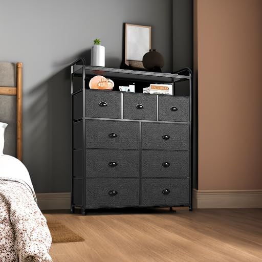 EnHomee Dresser for Bedroom with 9 Drawers, Dressers with 2 Open Shelves, Fabric Dressers & Chests of Drawers for Bedroom, Sturdy Metal Frame, Large Dresser, Black Grey