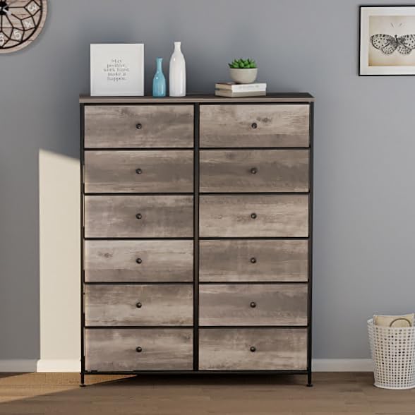 Arlopu 12-Drawer Dresser, 35.2’‘ Widened 6-Layer Fabric Storage Tower w/Textured Print Fabric Bins, Tall Chest Organizer Unit for Living Room, Hallway, Nursery, Closets, Adjustable Feetpad