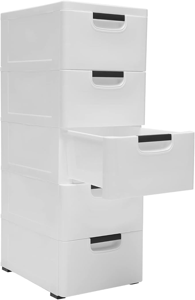 TBVECHI Plastic Drawers Dresser, 16" Wx12 Dx33 H Closet Drawers Storage Cabinet with 5 Drawers, Tall Dresser Organizer with 4 Wheels for Clothes, Playroom, Bedroom, Kitchen Storage Furniture