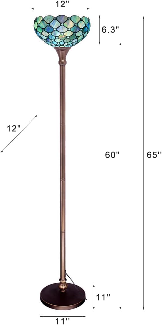 Tiffany Floor Lamp Torchiere Stained Glass Torch Lamp 12X12X67 Inch Antique Standing Corner Light (Sea Blue Pearl)