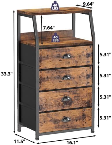 Furnulem Night Stand, Tall 4 Drawers Dresser for Bedroom, Hallway, Nursery, Closet Organizer, Nightstand Bedside Table Furniture, Vertical Storage Tower Fabric, Sturdy Steel Frame, Wood Top