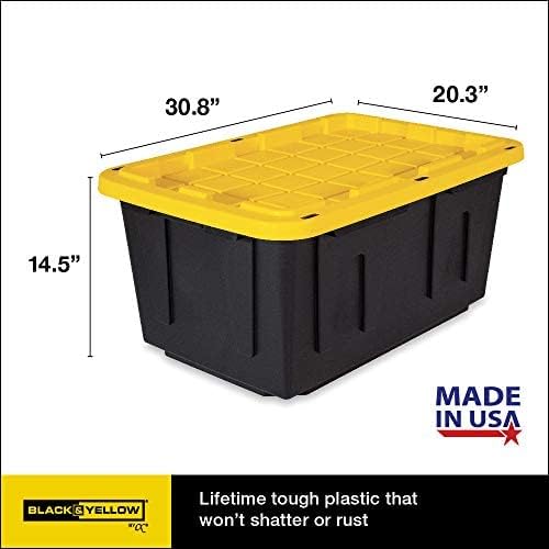 CX BLACK & YELLOW, 27-Gallon Heavy Duty Tough Storage Container & Snap-Tight Lid, (14.3"H x 20.6"W x 30.6"D), Weather-Resistant Design and Stackable Organization Tote [4 Pack]