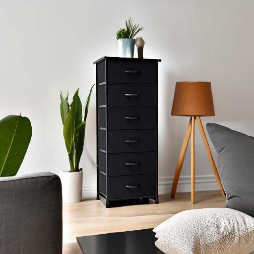 Crestlive Products Vertical Dresser Storage Tower - Sturdy Steel Frame, Wood Top, Easy Pull Fabric Bins, Wood Handles - Organizer Unit for Bedroom, Hallway, Entryway, Closets - 6 Drawers (Black)