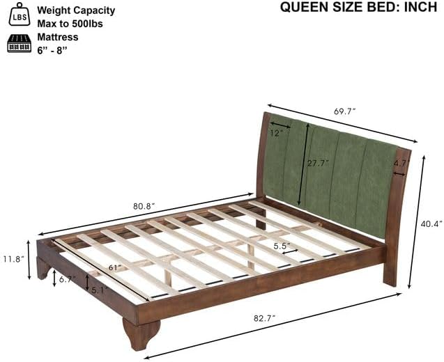 Merax Pine Wood Queen Bed Frame with Headboard, Mid Century Modern Solid Wood Platform Bed Frame Queen Size, No Box Spring Needed, Green+Natural