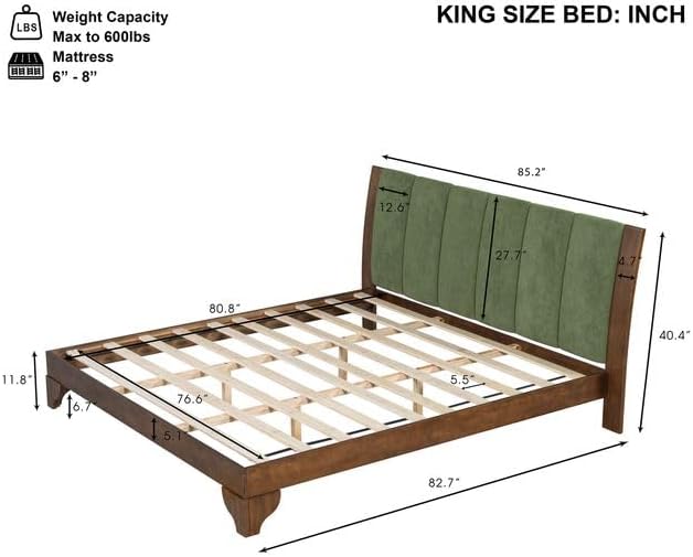 Merax Pine Wood King Bed Frame with Headboard, Mid Century Modern Solid Wood Platform Bed Frame King Size, No Box Spring Needed, Green+Walnut