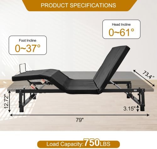 King Size Adjustable Bed Frame with Wireless Remote, Ergonomic Electric Adjustable Bed Base with Quiet Motor, USB Ports&Underbed Nightlight, Head and Foot Incline, Zero Gravity Bed, Easy Assembly