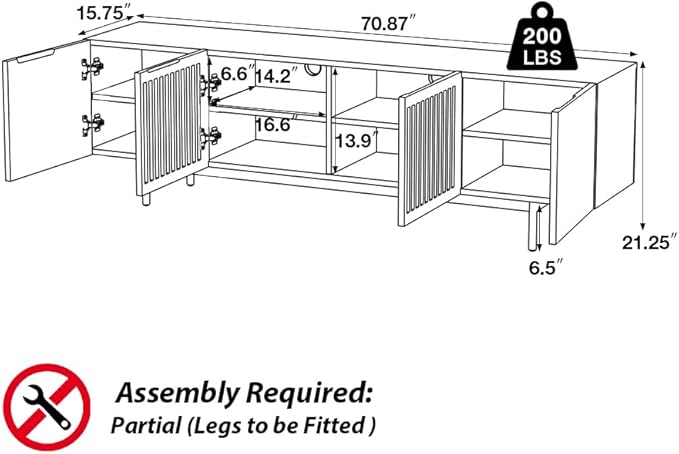 POVISON Full Assembled Mid-Century Modern TV Stand with Slatted Doors, Wood Media Console for 65-75 Inch TV, TV Console with Tall-cast Metal Legs, Entertainment Center with Storage for Living Room