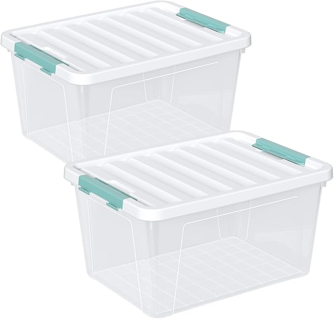 6-Pack 35 quart Large Plastic Storage Bin, Latching Box with Clear Base, White Lid and Green Latches