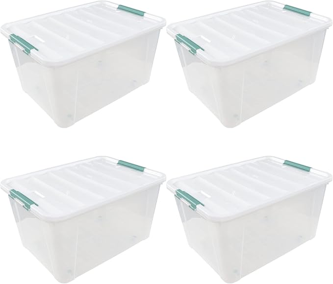 80 L Extra Large Plastic Storage Box, Clear Large Plastic Storage Bins with Wheels, 4-Pack