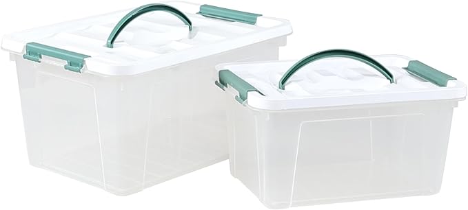 Clear Storage Latch Box/Bin, 2-Pack Plastic Organizing Container with Handle and Lids (14 QT & 7QT)