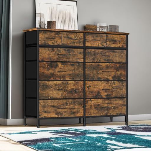 Dresser for Bedroom with 12 Drawers, Tall Fabric Drawer Dresser, Chest of Drawers for Closet, Nursery, Bedside, Living Room, Laundry, Entryway, Hallway(Rustic Brown)