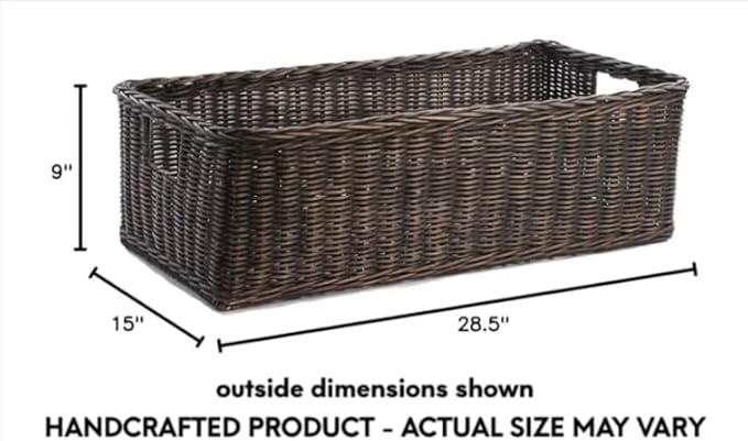 The Basket Lady Long Low Wicker Basket, Extra Large, 28.5 in L x 15 in W x 9 in H, Antique Walnut Brown
