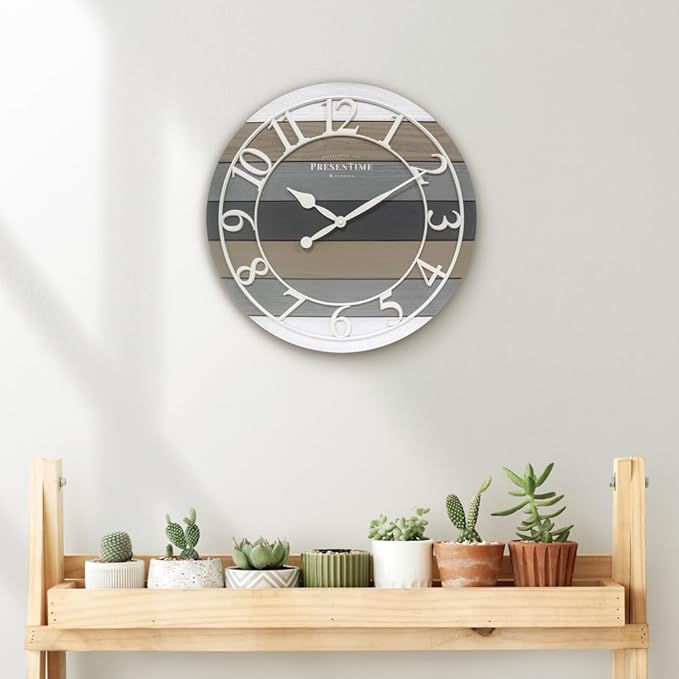 Presentime & Co Modern Farmhouse Shiplap Clock, 19.5 inch, White Arabic Numerals with Multicolor Woodgrain Shiplap Style. Large Farmhouse Decor for Living Room, Entryway, Home Office. Wall Décor