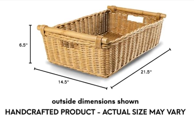 The Basket Lady Low Pole Handle Wicker Storage Basket, Extra Large, 21.5 in L x 14.5 in W x 6.5 in H, Sandstone