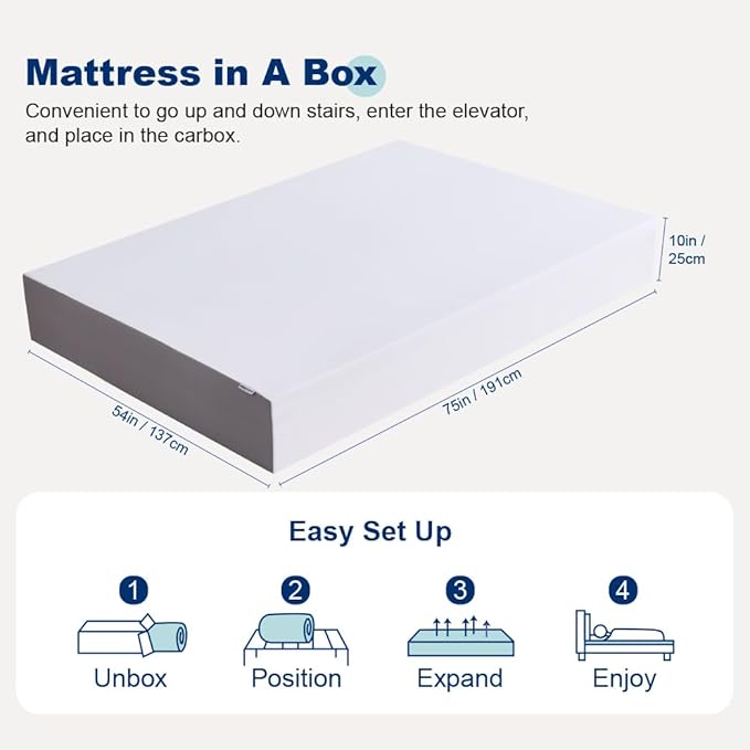 Amazon Basics Memory Foam Mattress, Soft Plush Feel, 10 Inch, Full, White/Grey