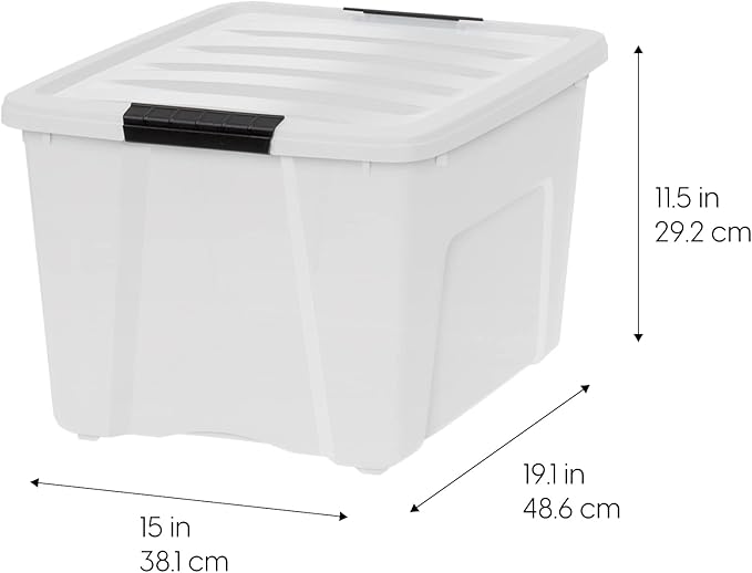 IRIS USA 40 Qt Stackable Plastic Storage Bins with Lids, 6 Pack - BPA-Free, Made in USA - Discreet Organizing Solution, Latches, Durable Nestable Containers, Secure Pull Handle - Pearl