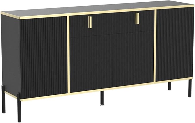 FAMAPY Modern Credenza Sideboard Buffet with Drawer & Pop-Up Doors, Buffet Sideboard Storage Cabinet with Black Metal Legs, for Living Room Hallway Black and Gold (63”W x 15.7”D x 31.5”H)