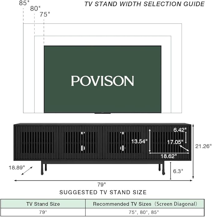 POVISON Mid-Century Modern TV Stand with Slatted Doors, Fully Assembled 78.74" Wood Media Console, TV Console with Tall-cast Metal Legs, Entertainment Center with Storage for Living Room