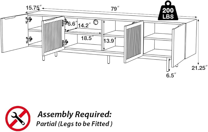 POVISON Full Assembled Mid-Century Modern TV Stand with Slatted Doors, Wood Media Console for 75 Inch TV, TV Console with Tall-cast Metal Legs, Entertainment Center with Storage for Living Room