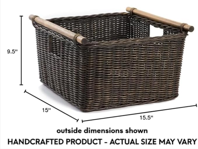 The Basket Lady Deep Pole Handle Wicker Storage Basket, Large, 15 in L x 15.5 in W x 9.5 in H, Antique Walnut Brown