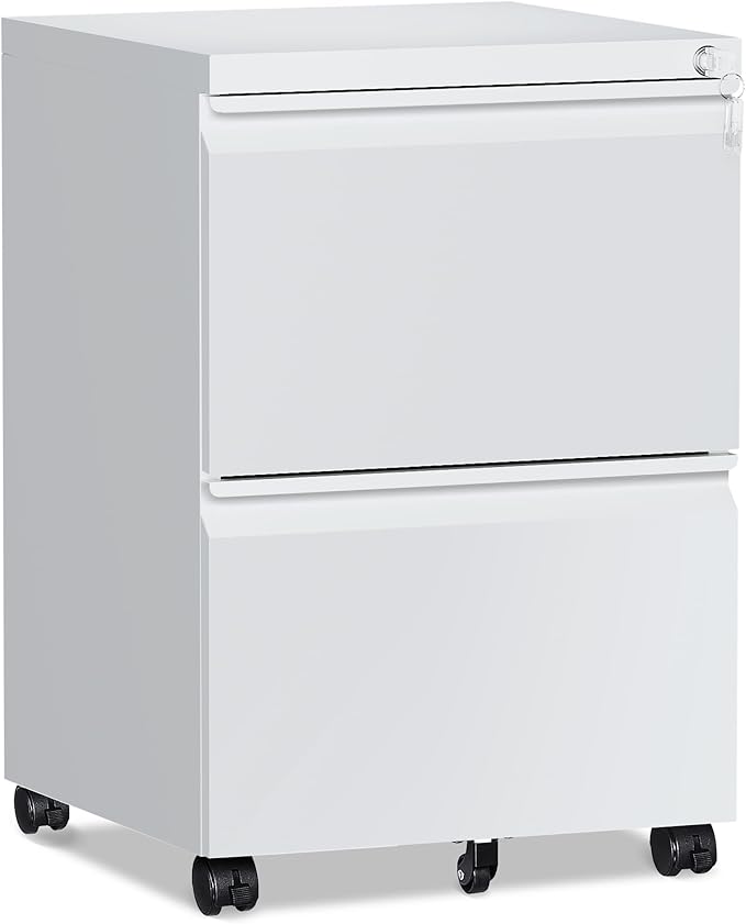2 Drawer File Cabinet，Mobile Filing Cabinet with Lock and Wheels，Fully Assembled Metal Under Desk File Cabinets for A4/Letter/Legal Size（White