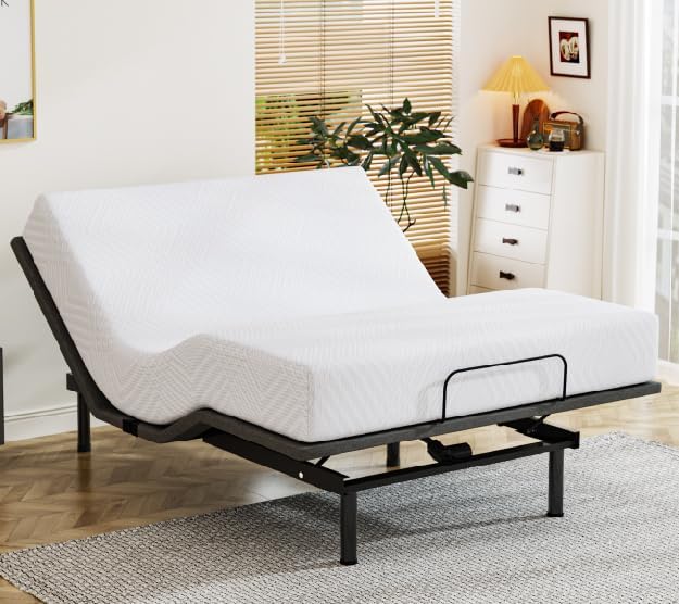 Queen Adjustable Bed Base Frame with Wireless Remote + 12 Inch Queen Green Tea Gel Memory Foam Mattress Bed in a Box, Head and Foot Incline, Zero Gravity, Fiberglass Free, 80" × 60"