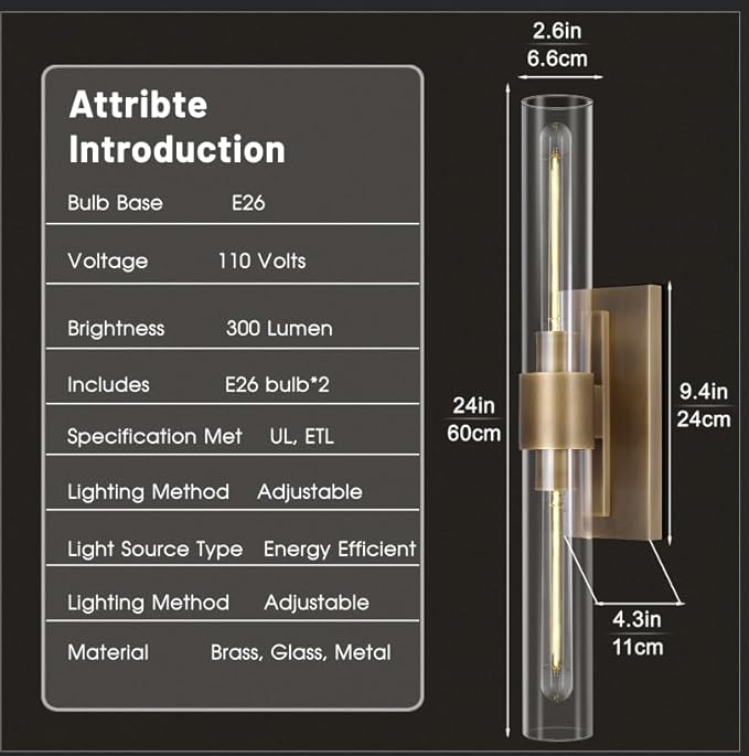 Modern Brass and Glass Wall Sconces, 24" Vanity Lights for Bathroom 2 Lights, Horizontal or Vertical Linear Wall Sconce,Indoor Sconces Wall Lighting,Bathroom Wall Sconce Set of Two