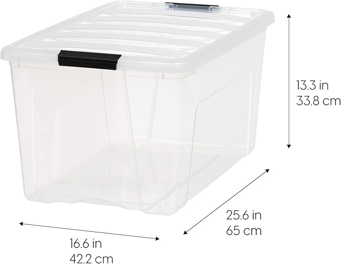 IRIS USA 72 Qt Stackable Plastic Storage Bins with Lids, 4 Pack - BPA-Free, Made in USA - See-Through Organizing Solution, Latches, Durable Nestable Containers, Secure Pull Handle - Clear