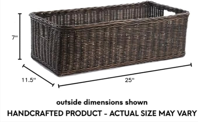 The Basket Lady Long Low Wicker Basket, Large, 25 in L x 11.5 in W x 7 in H, Antique Walnut Brown