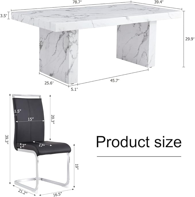 79'' Dining Table Set for 8, Dining Room Table Set for 8, 3.5'' Thick Faux Marble Table Top, MDF Table Legs, PU Ergonomic Dining Chair, for Dining Room
