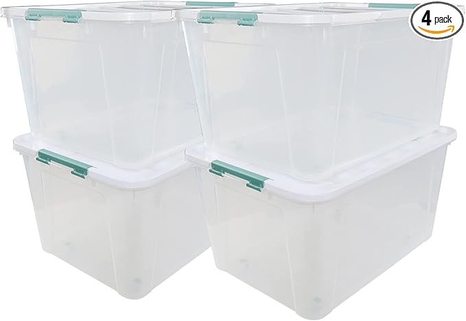 85 Quart Stackable Large Plastic Storage Containers with Lids and Secure Latching Buckles, Organizing Tubs Boxes for Office and Home Organization, Clear (4 Pack)
