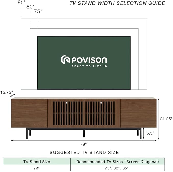 POVISON Mid Century Modern Sintered Stone TV Stand, Slatted Media Console TV Cabinet with Tall-cast Metal Legs, Fluted Entertainment Center with Storage, Fully-Assembled (Walnut, 78.74")