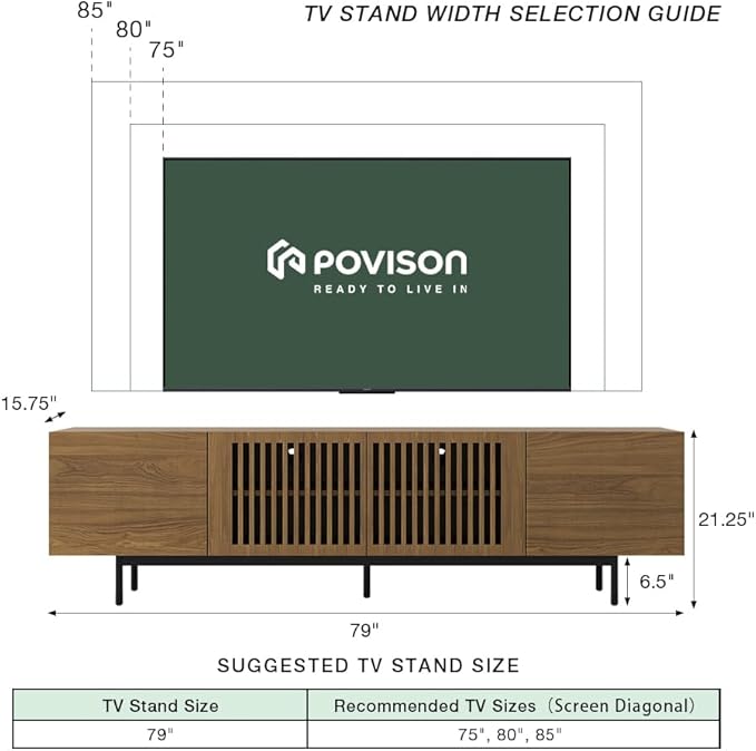 POVISON Full Assembled Mid-Century Modern TV Stand with Slatted Doors, Wood Media Console for 75 Inch TV, TV Console with Tall-cast Metal Legs, Entertainment Center with Storage for Living Room