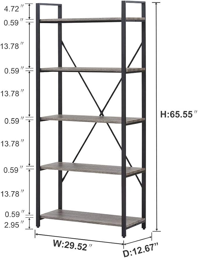 BON AUGURE Industrial Bookshelf, Etagere Bookcases and Book Shelves 5 Tier, Rustic Wood and Metal Shelving Unit (Dark Gray Oak)