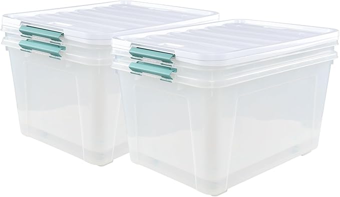 85 L Clear Latch Storage Bin with Lid and Wheels, Stackable Plastic Storage Boxs, 4 Packs