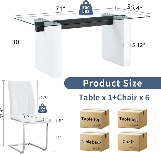 FURNITO Modern Dining Table Set for 6, Kitchen Table and Chairs for 6,71 in Glass Dining Table with 6 PU Leather Dining Chairs for Kitchen Dining Room（White Table+6 White Chair）