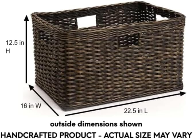 The Basket Lady Tall Rectangular Wicker Storage Basket, Large, 22.5 in L x 16 in W x 12.5 in H, Antique Walnut Brown
