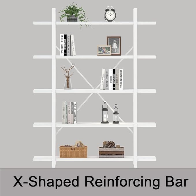 HSH 5 Tier Tall White Bookshelf, Metal and Wood Storage Book Shelves for Bedroom Living Room Office, Modern Large White Bookcases and Bookshelves 5 Shelf, Farmhouse Open Vertical Display Book Shelf
