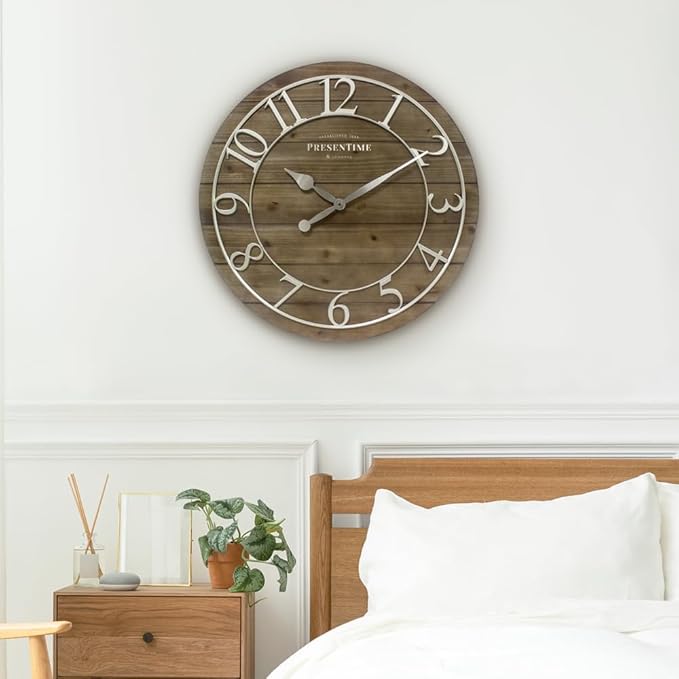 Presentime & Co Vintage Farmhouse Shiplap Clock, 19.5 inch, Silver Arabic Numerals with Weathered Pine Wood Shiplap Style. Large Farmhouse Decor for Living Room, Entryway, Home Office, Wall Décor