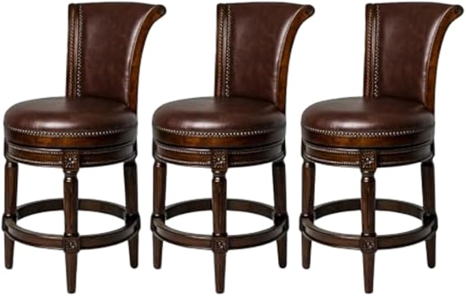 Maven Lane Pullman Counter Stool 26 Inches – Set of 3 – Swivel Stools with Footrest – Dark Brown Solid Wood Frame & Brown Faux Leather Upholstery – Perfect for Kitchen Islands & Counters