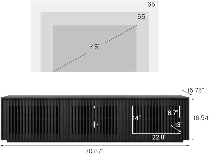POVISON Full Assembled Mid Century Modern TV Stand, Black Entertainment Center for 65 inch TV, Wood Slatted Media Console with Storage, Low TV Cabinets for Living Room Bedroom, Oak Veneer