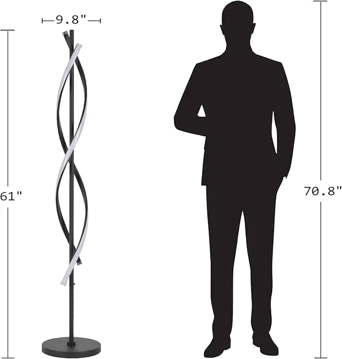 61" LED Floor Lamp for Living Room, 40W 3 Colors Stepless Dimmable and Color-Changing Bright Floor Standing Lamp,Unique Spiral Floor Tall Lamp for Bedroom Office with Remote (Black)