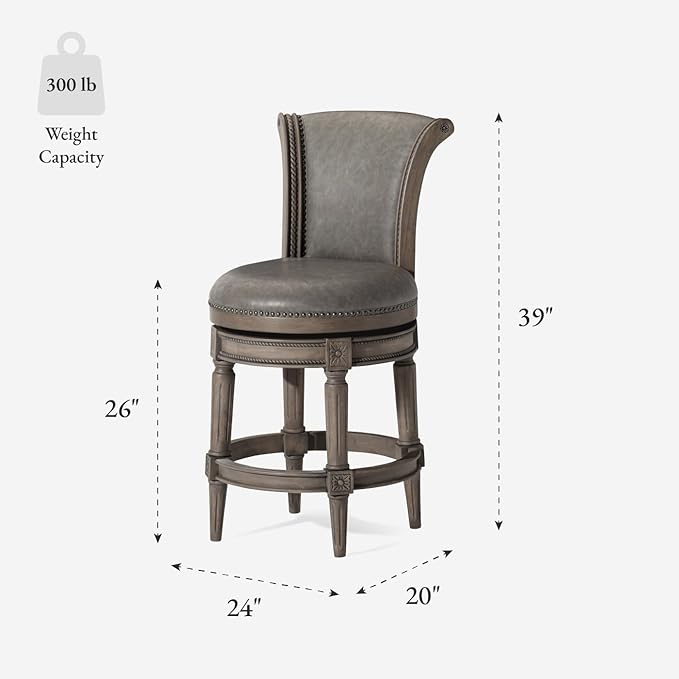 Maven Lane Pullman Counter Stool 26 Inches – Set of 3 – Swivel Stools with Footrest – Grey Solid Wood Frame & Grey Faux Leather Upholstery – Perfect for Kitchen Islands & Counters