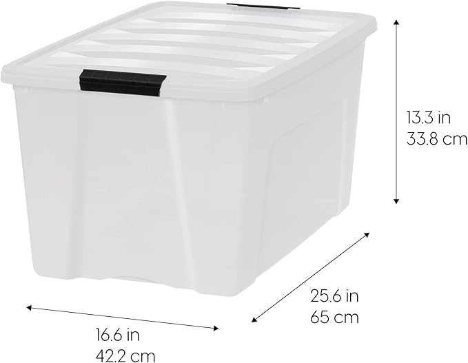 IRIS USA 72 Qt Stackable Plastic Storage Bins with Lids, 4 Pack - BPA-Free, Made in USA - Discreet Organizing Solution, Latches, Durable Nestable Containers, Secure Pull Handle - Pearl