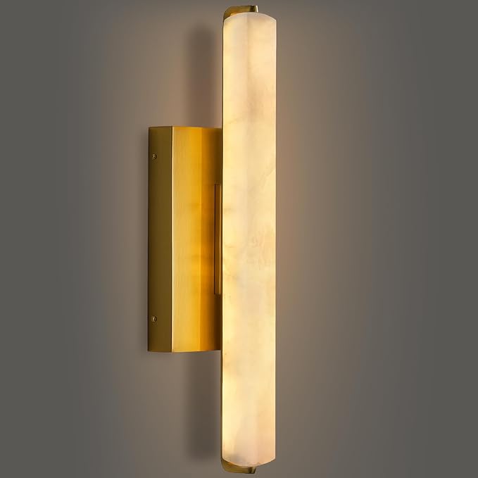 Alabaster Wall Sconces, 15" Brass Alabaster Sconce, Spanish Natural Marble Wall Sconce Lamp Indoor, Rectangle Modern Sconces Lighting for Bathroom Living Room Bedroom Stairs Hallway