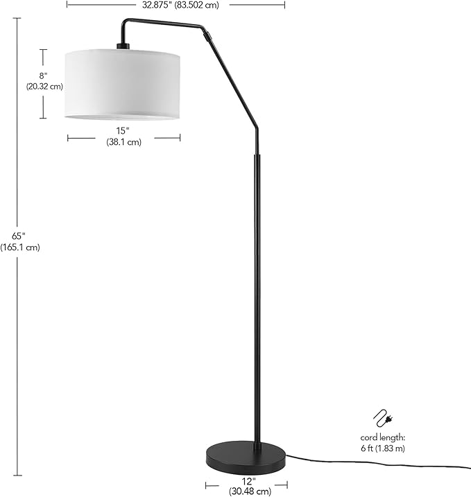 GLOBE Electric 61000172 65" Floor Lamp, Matte Black, White Fabric Shade, On/Off Rotary Switch on Socket, 5-Foot Black Cord, 1-Light, 100W E26/Medium Base Bulb