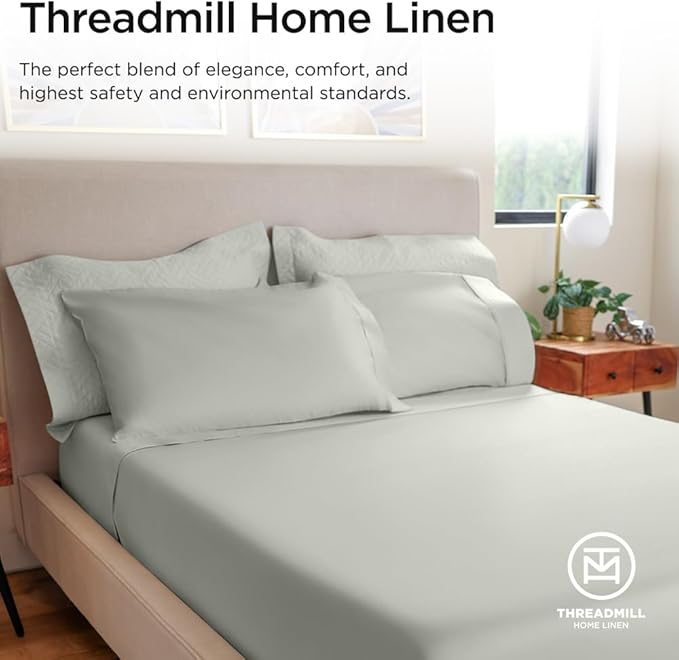 Threadmill 100% Cotton Sheets for Cal King Size Bed - 600 Thread Count Cal King Bed Sheets Set with 16” Deep Pocket - Sateen Weave 4-Piece Bedding Set with Cooling Effect, Light Grey