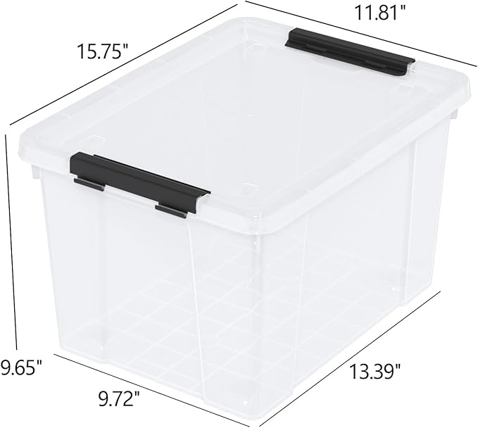 22 Qt Latching Storage Box, Stackable Bin with Latch Lid, Plastic Storage Container Tote, Clear, 4-Pack